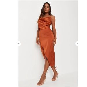 petite rust satin drape midi dress